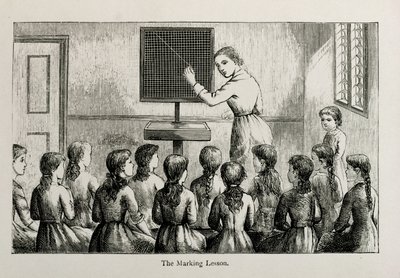 The Marking Lesson, illustration from A Manual of Collective Lessons in Plain Needlework and Knitting, engraved by W.P. and R. Cheshire, pub. 1885 by Helen K. Brietzcke